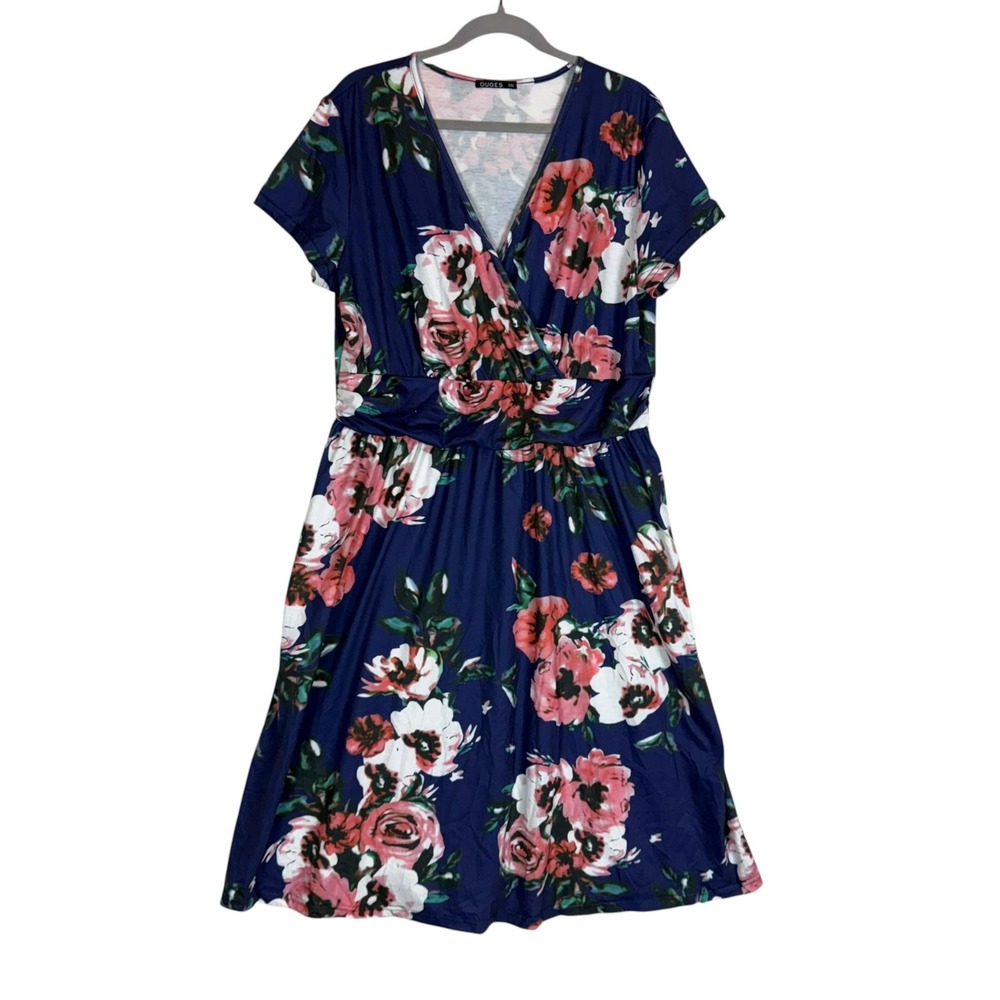 OUGES Dress Womens 2XL Blue Floral Wrap V Neck Fit & Flare Short Sleeve Jersey